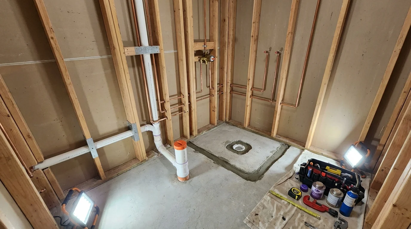 Bathroom rough-in plumbing during remodel by Johns Plumbing LLC in Energy