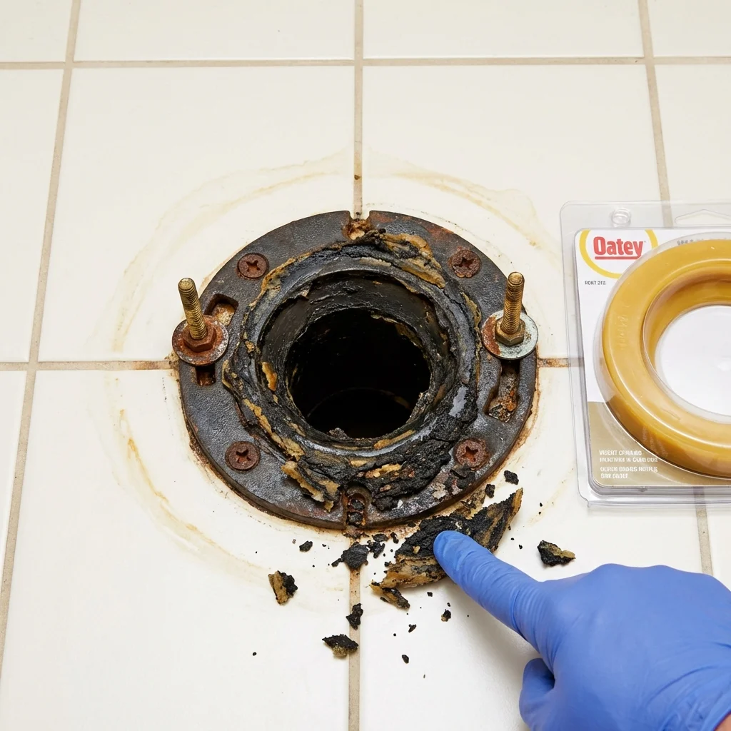 Failed wax ring showing water seepage at the base of a toilet in a Energy, IL home