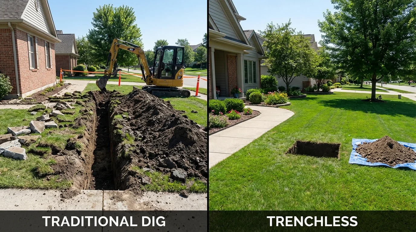 Trenchless sewer repair with minimal yard damage versus traditional excavation in Energy, IL